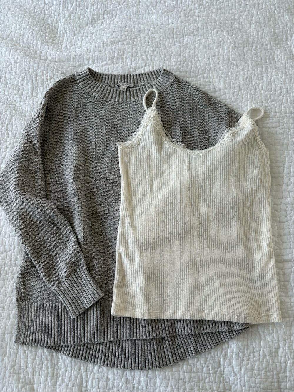GAP Cotton set: Cream Lace-Trim Cami and Beige Knit Crewneck Sweater
